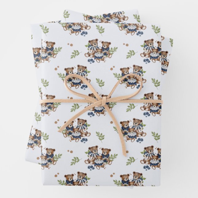 Teddy Bear Family Baby Boy Wrapping Paper Sheet (In situ)