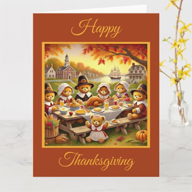 Teddy Bear Family Thanksgiving Card (Yellow Flower)