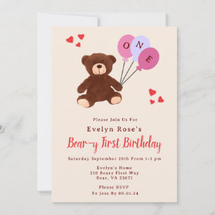 Teddy Bear First Birthday Balloon Girl's Cream Invitation