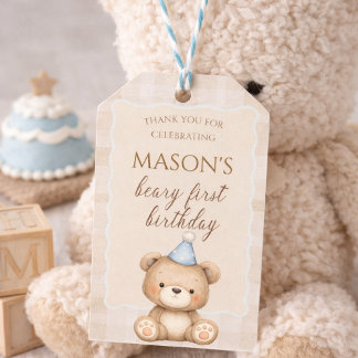 Teddy Bear First Birthday Invitation, Beary First Gift Tags