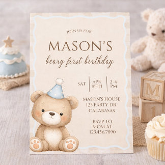 Teddy Bear First Birthday Invitation, Beary First Invitation