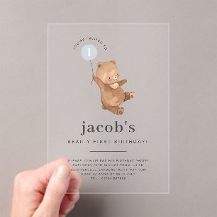 Teddy Bear First Birthday Invitation Blue Balloon