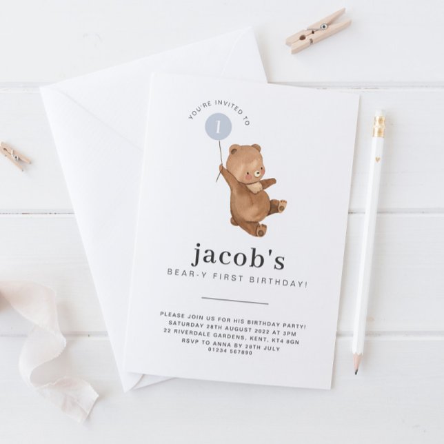 Teddy Bear First Birthday Invitation Blue Balloon (Creator Uploaded)