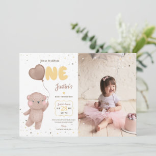 Teddy Bear First Birthday Invitation With Photo