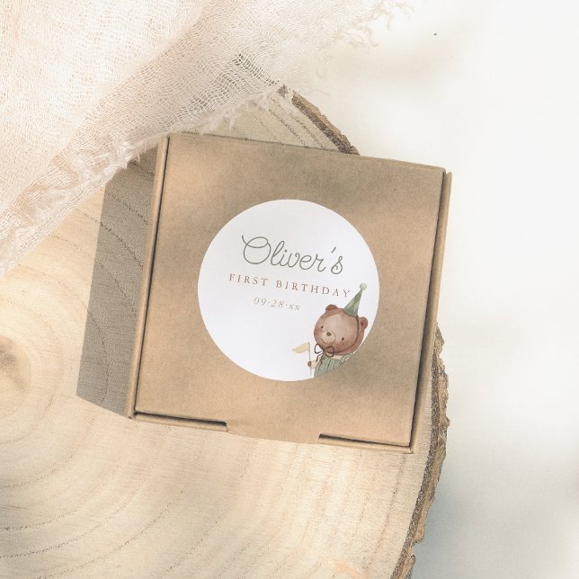 Teddy Bear First Birthday Party Classic Round Sticker (Creator Uploaded)