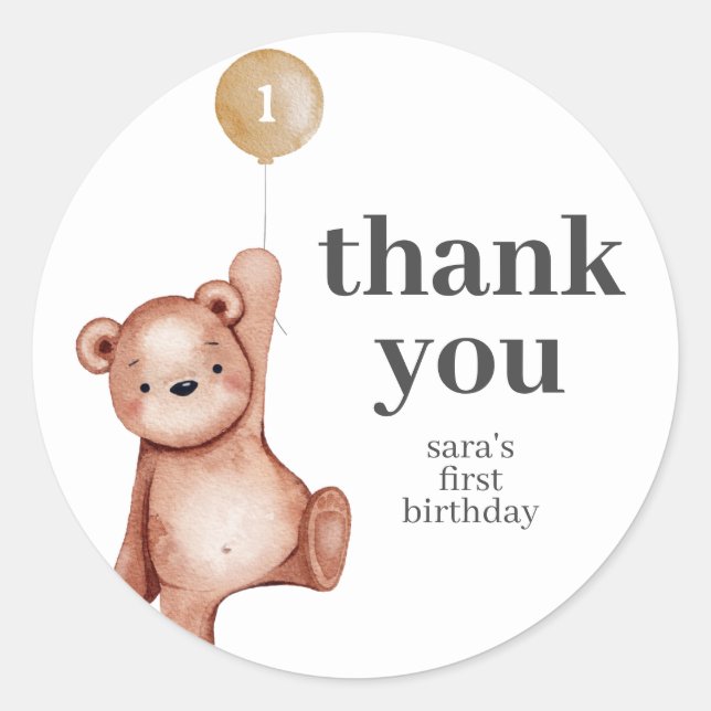 Teddy Bear First Birthday Party Favour Classic Round Sticker (Front)