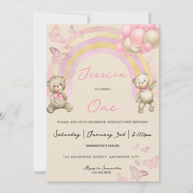 Teddy Bear First Birthday Party Invitation (Front)