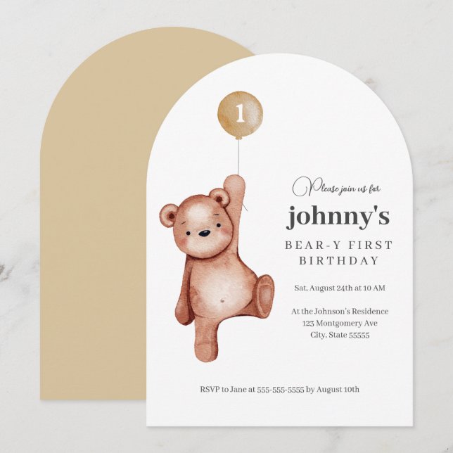Teddy Bear First Birthday Party Invitation (Front/Back)