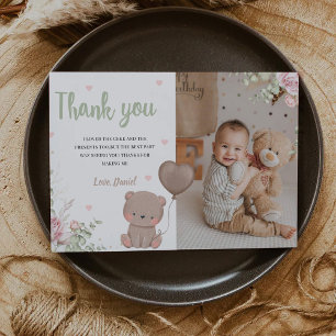 Teddy Bear First Birthday Photo Thank You Card
