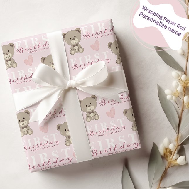 Teddy Bear FIRST Birthday Pink Themed Party Wrapping Paper (Creator Uploaded)