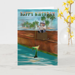 Teddy bear fishing 7th Happy Birthday Card