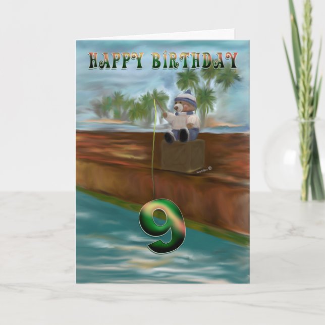 Teddy bear fishing 9th Happy Birthday Card (Front)