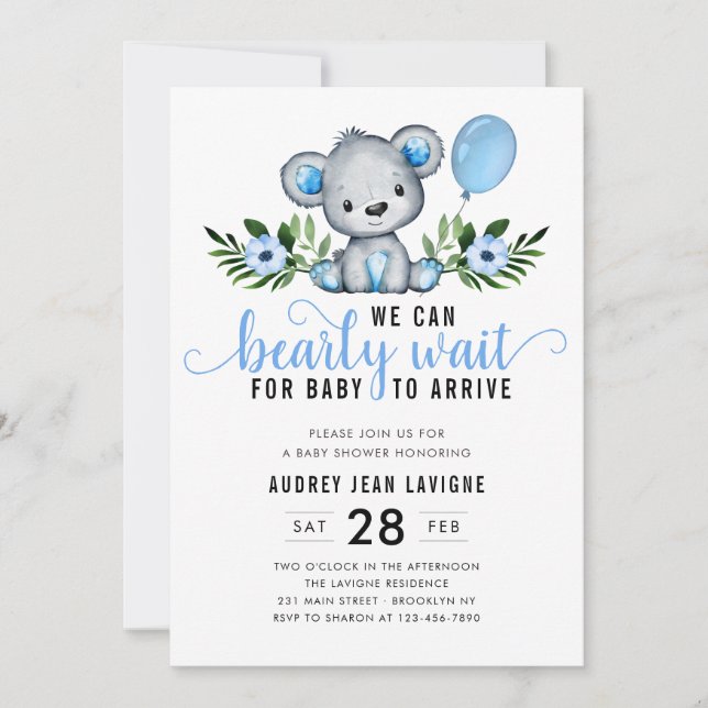 Teddy Bear Floral Botanical Blue Boy Baby Shower Invitation (Front)
