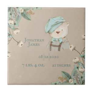 Teddy Bear Floral Name Personalize Birth Stats Tile