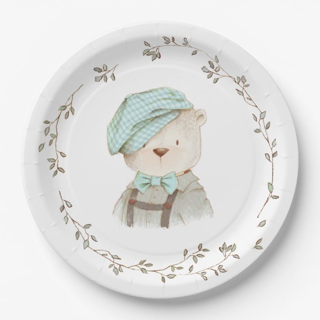 Teddy Bear Floral Simple Minimalistic Paper Plate (Front)