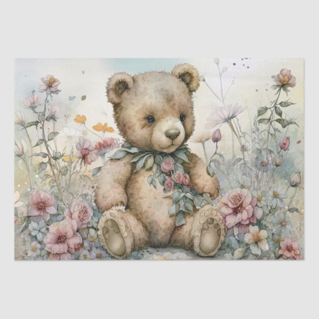 Teddy Bear Floral Watercolor Tissue Paper (Front)