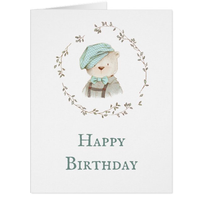 Teddy Bear Floral Wreath Whimsy Birthday Card (Front)