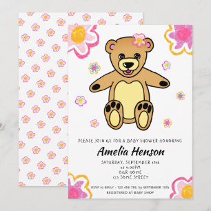 Teddy Bear Flower Girl Floral Baby Shower Invitation