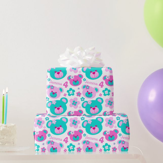 Teddy bear flowers 4th birthday name gift paper (Party Gifts)