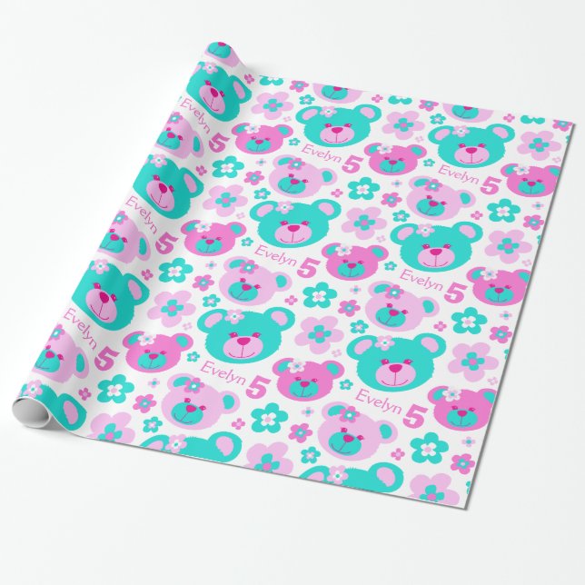 Teddy bear flowers 5th birthday name gift paper (Unrolled)
