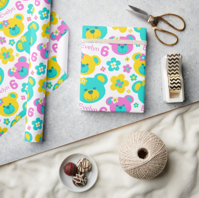 Teddy bear flowers 6th birthday name gift paper (Crafts)