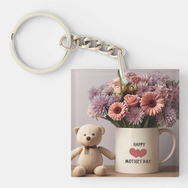 Teddy Bear, Flowers & Coffee Mug Key Ring (Front)