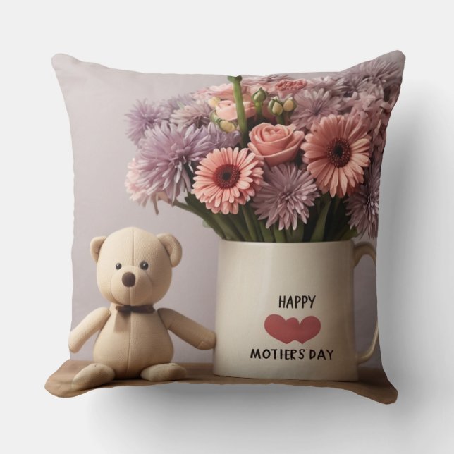 Teddy Bear, Flowers & Coffee Mug Throw Pillow (Front)