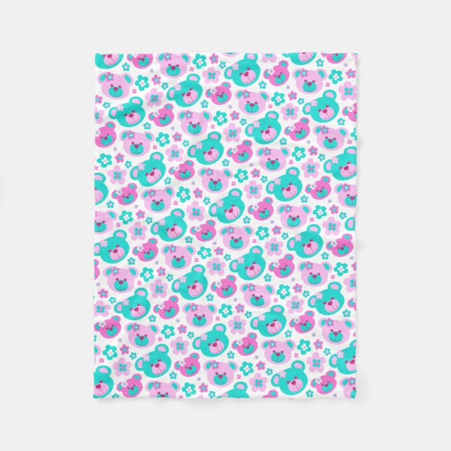 Teddy bear flowers pink aqua blanket (Front)