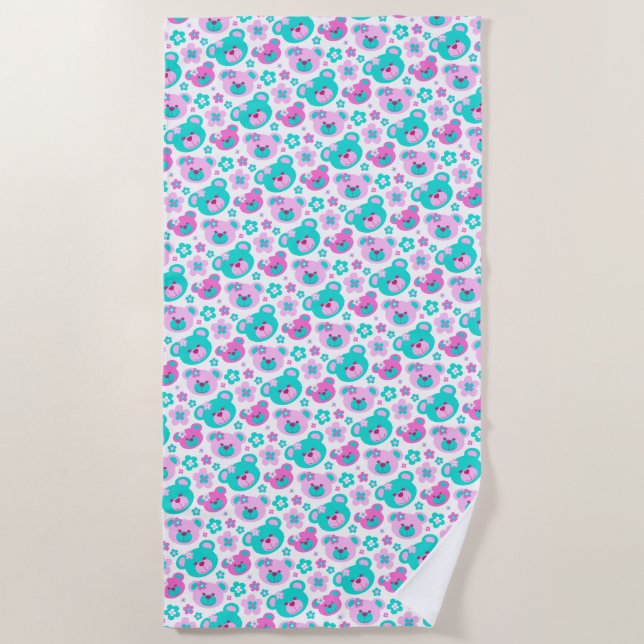 Teddy bear flowers pink aqua towel (Front)