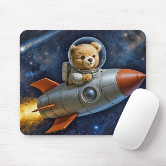Teddy Bear Flying In a Rocket Ship Mouse Pad (With Mouse)