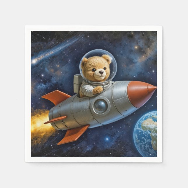 Teddy Bear Flying In a Rocket Ship Napkin (Front)