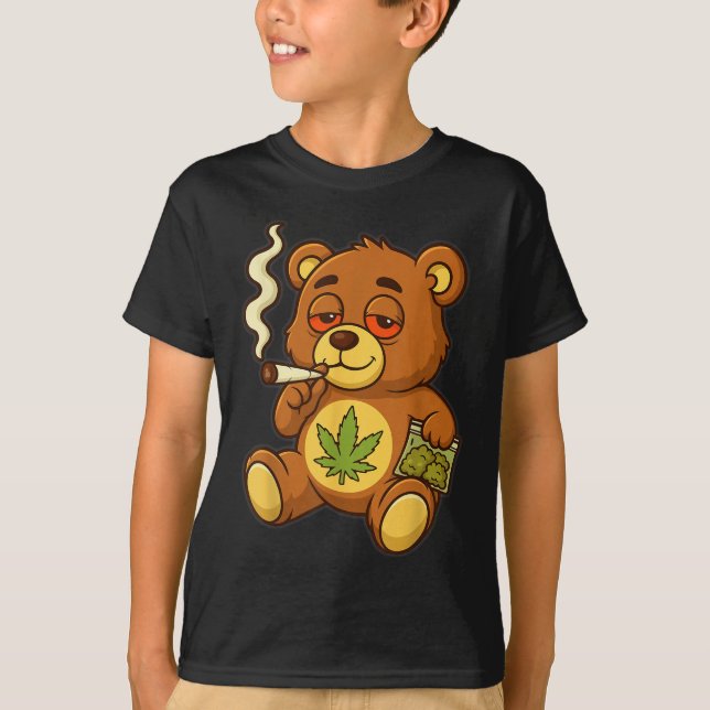 Teddy Bear Funny Weed Smoking Bear With Joint Leaf T-Shirt (Front)