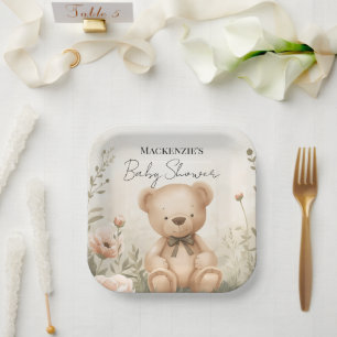 Teddy Bear Garden Custom Name Baby Shower Paper Plate