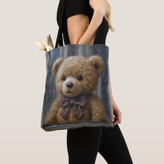 Teddy Bear Gazing Out of a Rainy Window Tote Bag (Close Up)