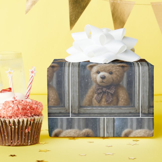Teddy Bear Gazing Out of a Rainy Window Wrapping Paper (Birthday Party)