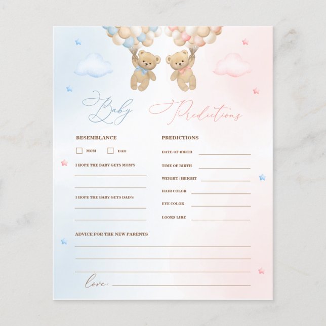 Teddy Bear Gender Reveal Baby Predictions Game (Front)