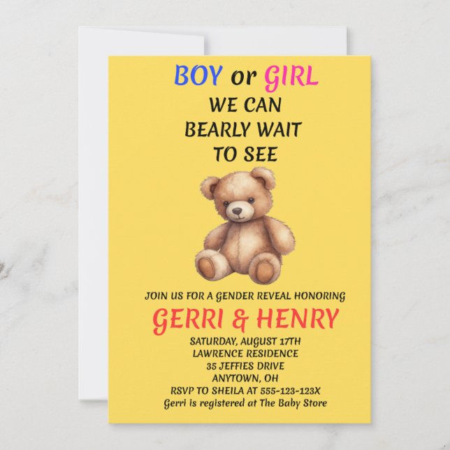 Teddy Bear Gender Reveal Invitation (Front)