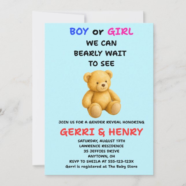 Teddy Bear Gender Reveal Invitation (Front)