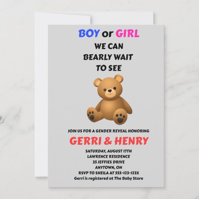 Teddy Bear Gender Reveal Invitation (Front)