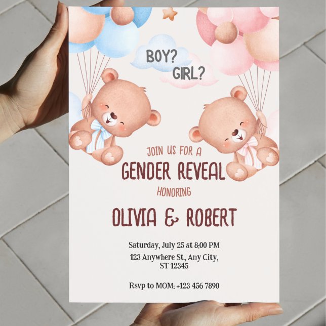  Teddy Bear Gender Reveal Invitation Balloons  (Gender Reveal Invitation Template Teddy Bear Gender Reveal Invitation)