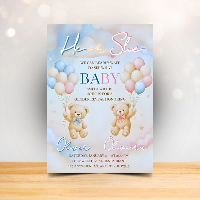 Teddy Bear Gender Reveal Invitation He or She (Creator Uploaded)