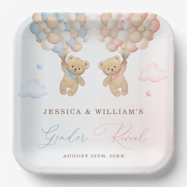 Teddy Bear Gender Reveal  Paper Plate (Front)