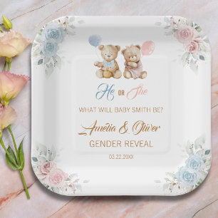 Teddy Bear Gender Reveal Pastel Florals Paper Plate