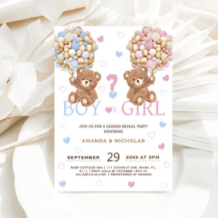 Teddy Bear Gender Reveal Pink Blue Balloon & Heart Invitation