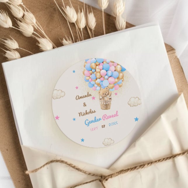 Teddy Bear Gender Reveal Pink Blue Classic Round Sticker (Creator Uploaded)