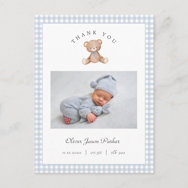 Teddy Bear Gingham Baby Boy Birth Announcement Postcard (Front)