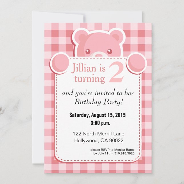 Teddy Bear Gingham Plaid Birthday | pink Invitation (Front)
