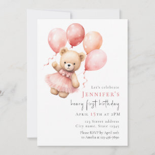 Teddy Bear Girl 1st Birthday Invitation