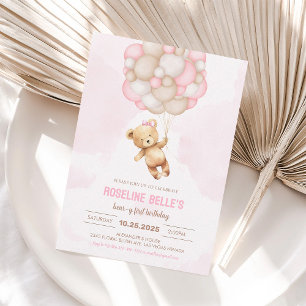 Teddy Bear Girl 1st Birthday Invitation