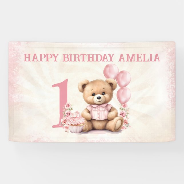 Teddy Bear Girl 1st Birthday Pink Balloons Banner (Horizontal)